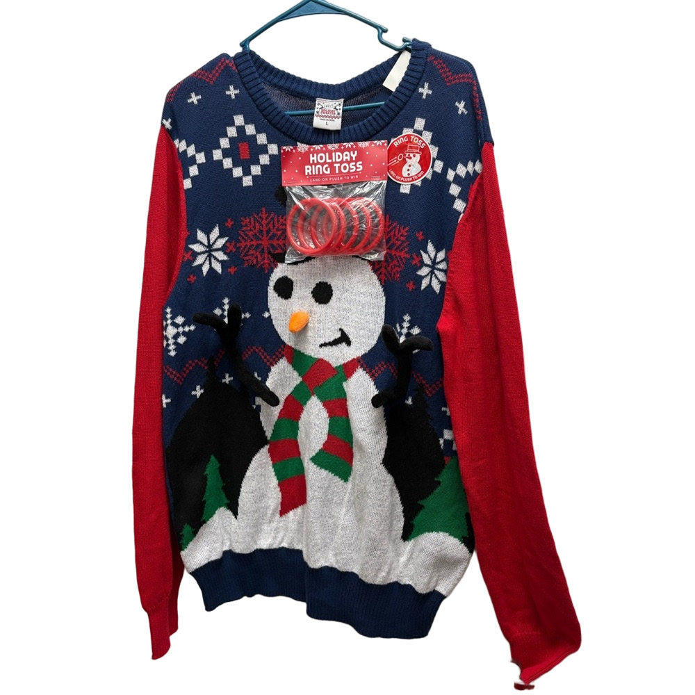 NWT Ugly Christmas Sweater Ring Toss Game Snowman Sweater Size Large